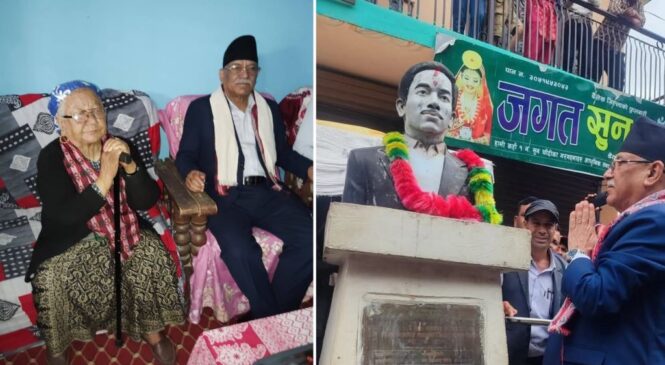 प्रचण्डले गरे डेकेन्द्र थापको सालिकमा माल्यार्पण